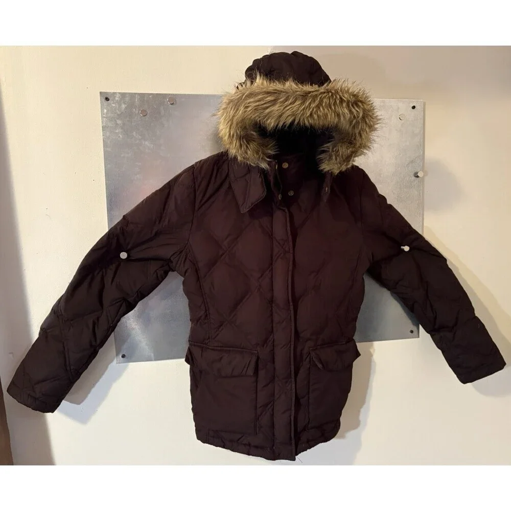Lands' End Brown Goose Down Diamond Quilted Faux Fur Hood Puffer Jacket M 10-12